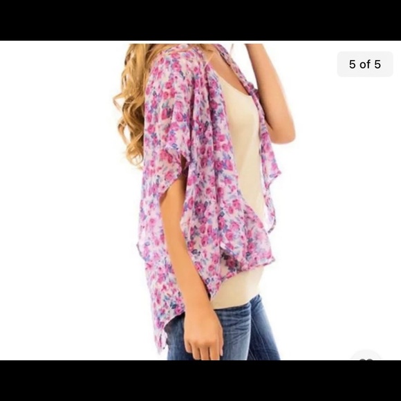 Sexy Purple Floral Semi Sheer Cover-up Chiffon Kimono Hi Lo Jacket Top Sz M New - Picture 5 of 5